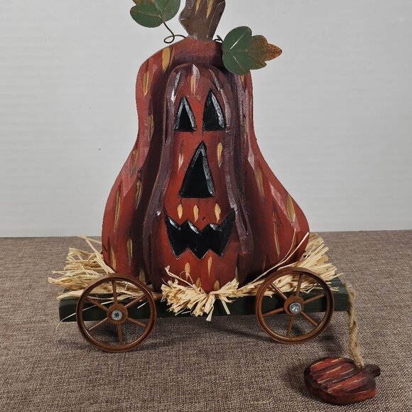 Primitive Wood Jack O Lantern On Green Hay Rack Wagon Cart. Pull-Along - Picture 2 of 10